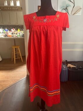 Red Embroidered Mexican-Style Midi Dress